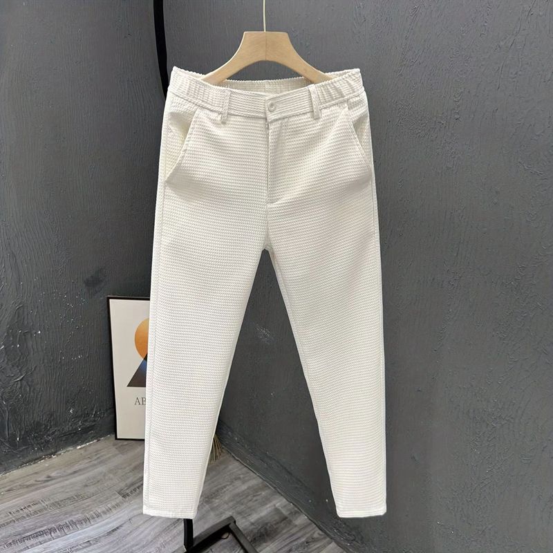 

Men s Wfle Texture High-Waisted Pants Slim-Fit Cropped Trousers Casual Daily Office Elastic Waist Pants 28
