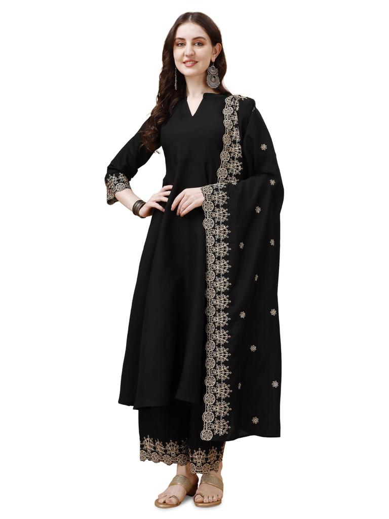 Pratham Blue Women'S Silk Embroidered Anarkali Kurta With Palazzos And Dupatta (Pb-6060-S_Black)