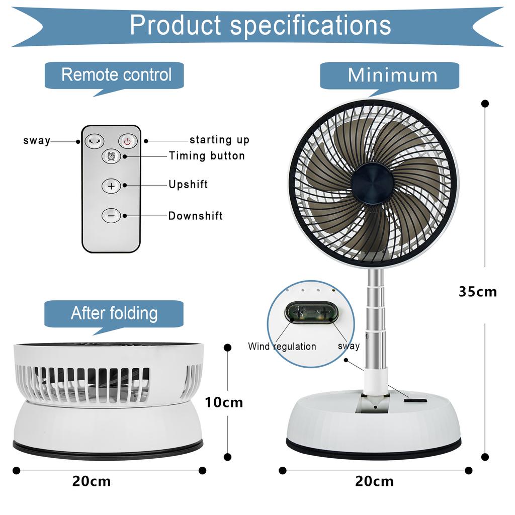 Portable Oscillating Standing Fan with Remote Controller Foldable Desk Fan Rechargeable Battery Powered Pedestal Fan for Camping
