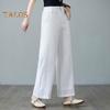 Women Casual Pants Elastic High Waist Buttons Zipper Fly Long Trousers with Pockets Solid Color Straight Wide Leg Slacks Daily Wear