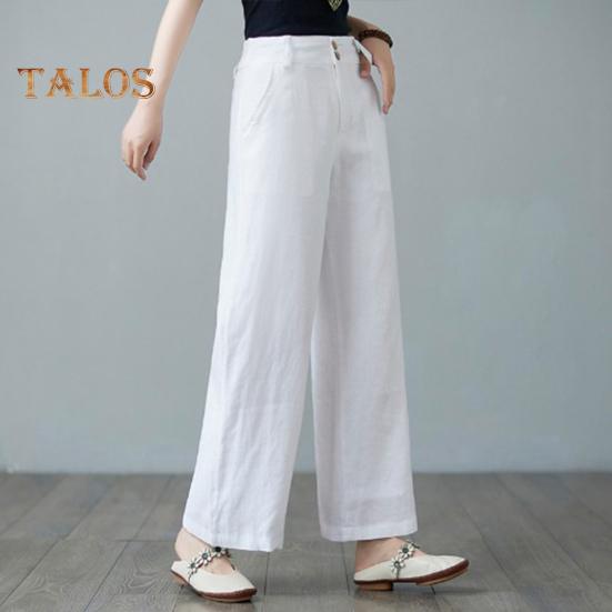 Women Casual Pants Elastic High Waist Buttons Zipper Fly Long Trousers with Pockets Solid Color Straight Wide Leg Slacks Daily Wear