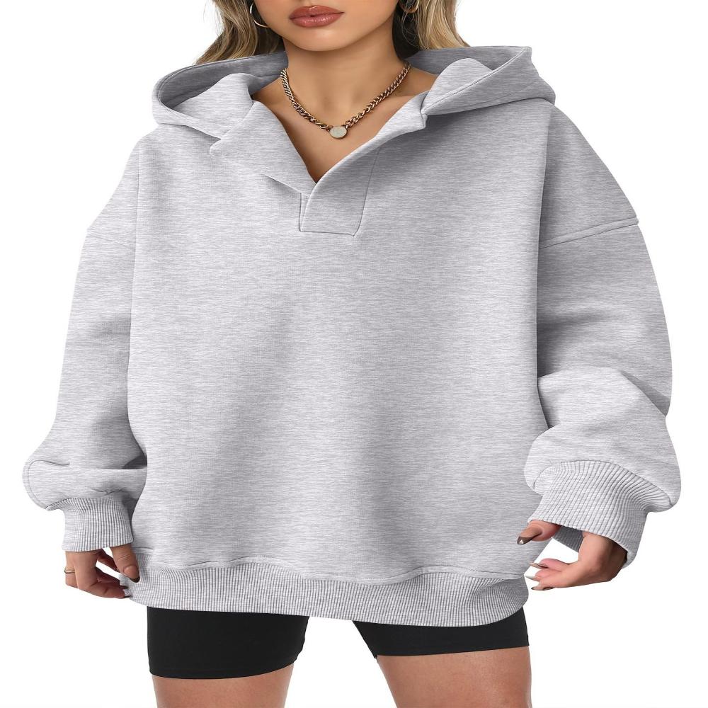 Auutmn Winter Women Solid Color Oversized V Neck Hoodie Long Sleeve Casual Pullover Sweatshirt Daily Street Outerwear Tops