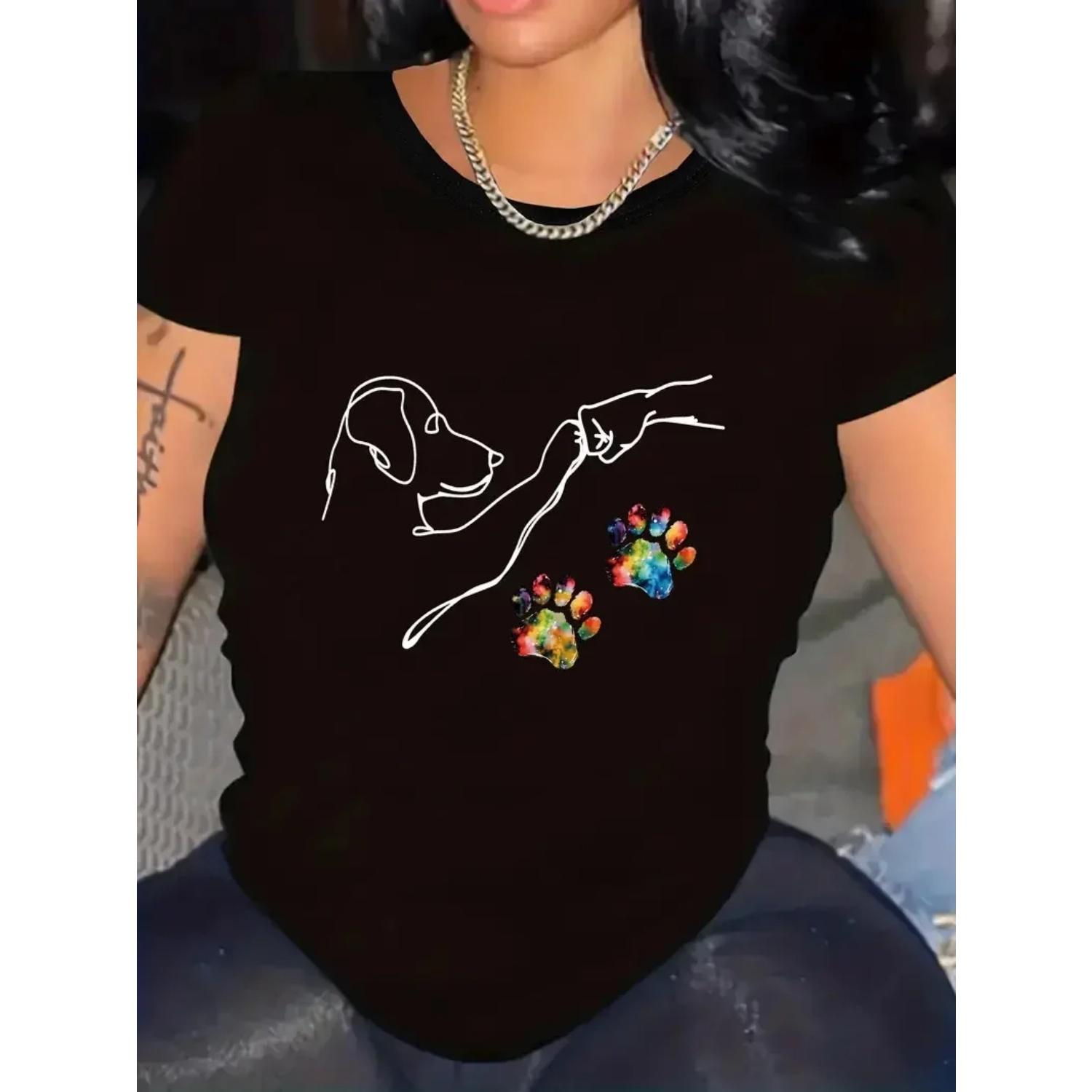 

Футболка с принтом Dog Fist Bump Funny Crew Neck Casual Short Sleeve Funny Designer с винтажным летним принтом для женщин S чёрный