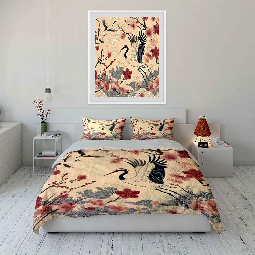 Crane Blossom Decorative Set Soft Comfortable Duvet Cover Bedding Set Included 1*Duvet Cover & 2*Pillowcases, Gift