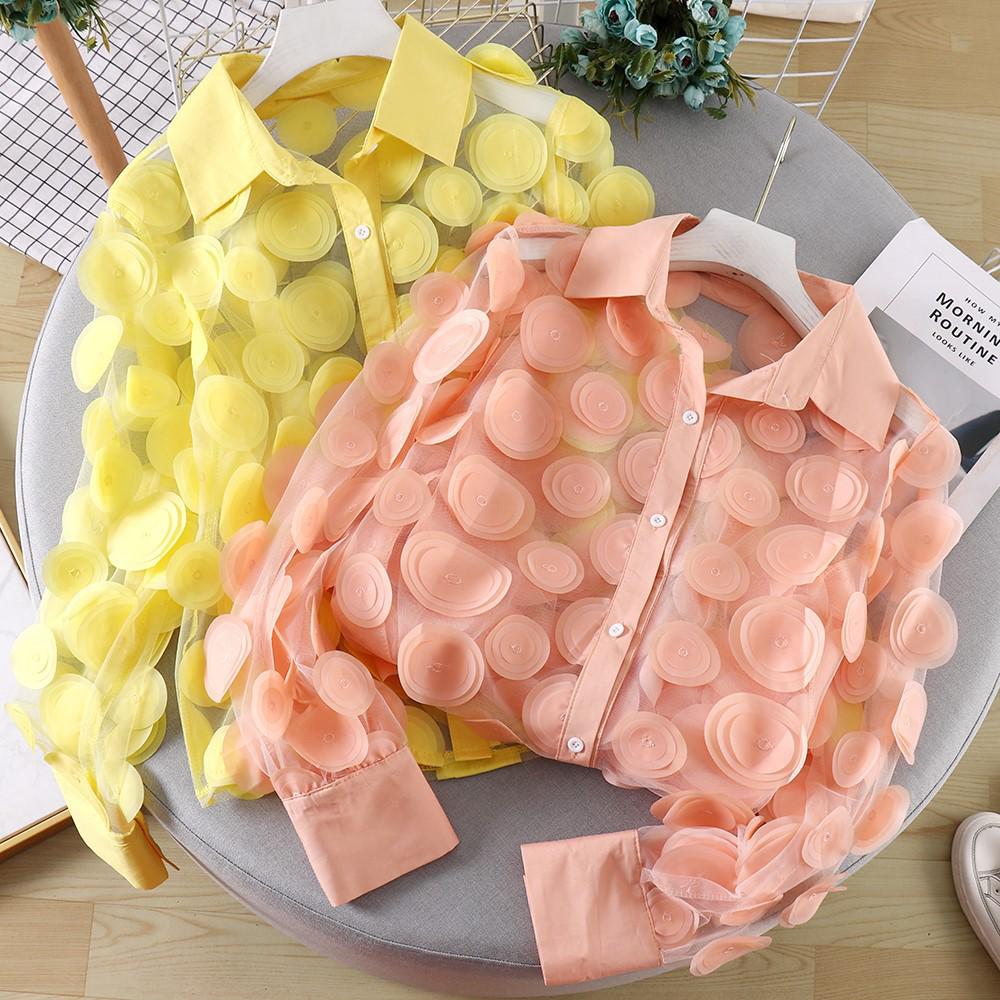 French Court-Inspired 3D Floral Chiffon Blouse with Hollow Lantern Sleeves
