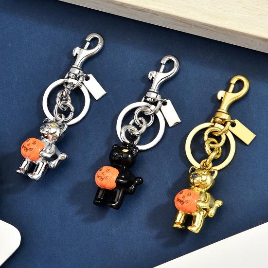 Handbag Decorative Accessory Halloween Cat Holding Pumpkin Keychain, Metal Car Key Ring Holder, Backpack Hanging Decor