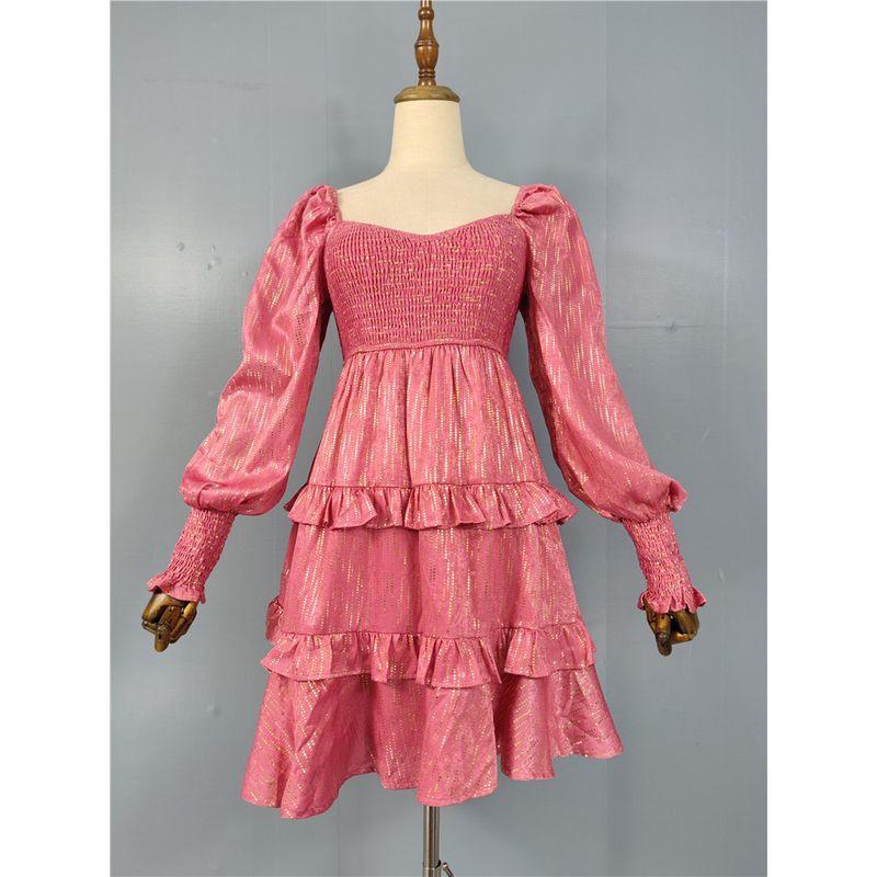 

Export Single Classy Gold Thread Shiny Ruffles Rubber Band Elastic Chest-Showing White Moonlight Cake Large Swing Dress Pink XL