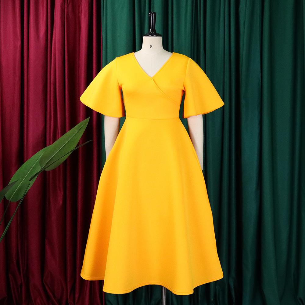 Abito estivo da donna Taglie forti Manica svasata Scollo a V Temperamento alla moda Abiti con gonna ampia e orlo