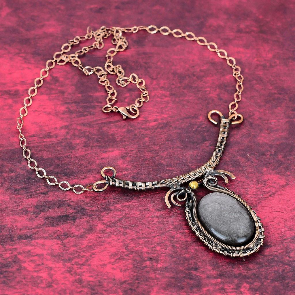 Silver sheen obsidian necklace copper wire wrapped jewelry dainty gemstone necklace handmade jewelry adjustable chain necklace wedding gifts