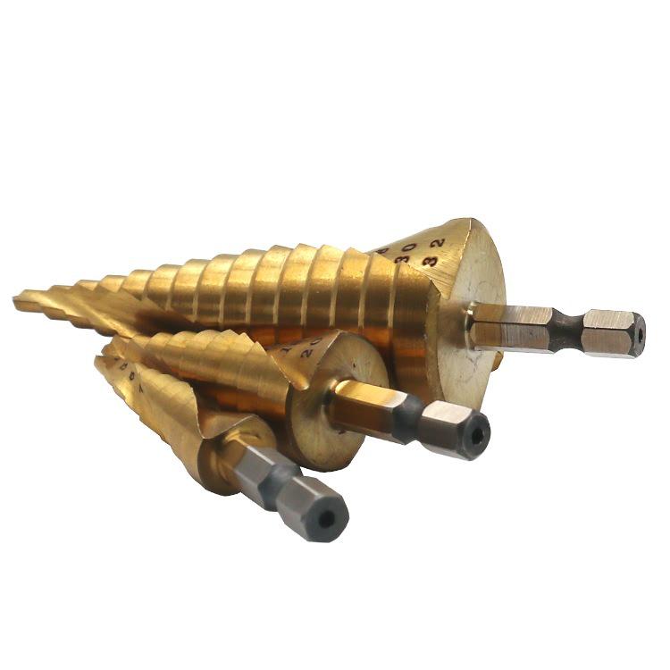 Titanium-Plated Spiral Groove Step Drill Bit Set (4-32mm, 4-20mm, 4-12mm) - Hex Shank Hole Expander