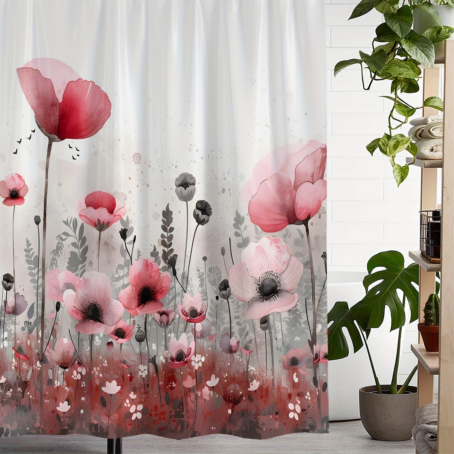 

Vintage Poppy Floral Print Shower Curtain With 12 Hooks - Water-Resistant, Machine Washable Polyester Fabric, Elegant Red And W60H190(CM)-1 Pcs