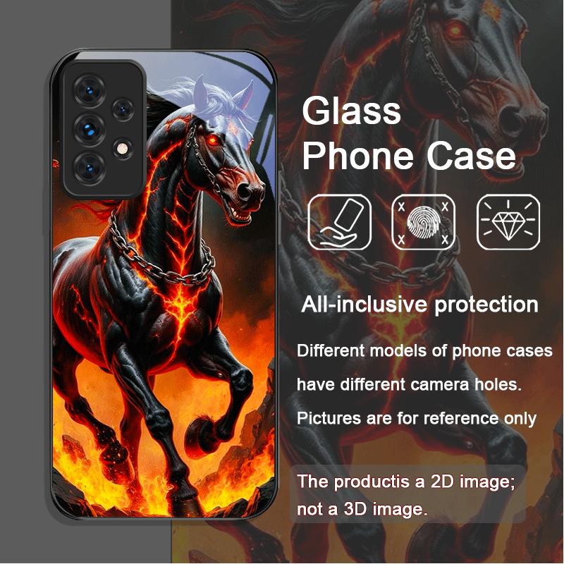 Creative Flame Black Horse Pattern Tempered Glass Phone Case for Samsung Galaxy A56 A72 A55 A54 A53 A52 A36 A51 A15 A14 5G Cover