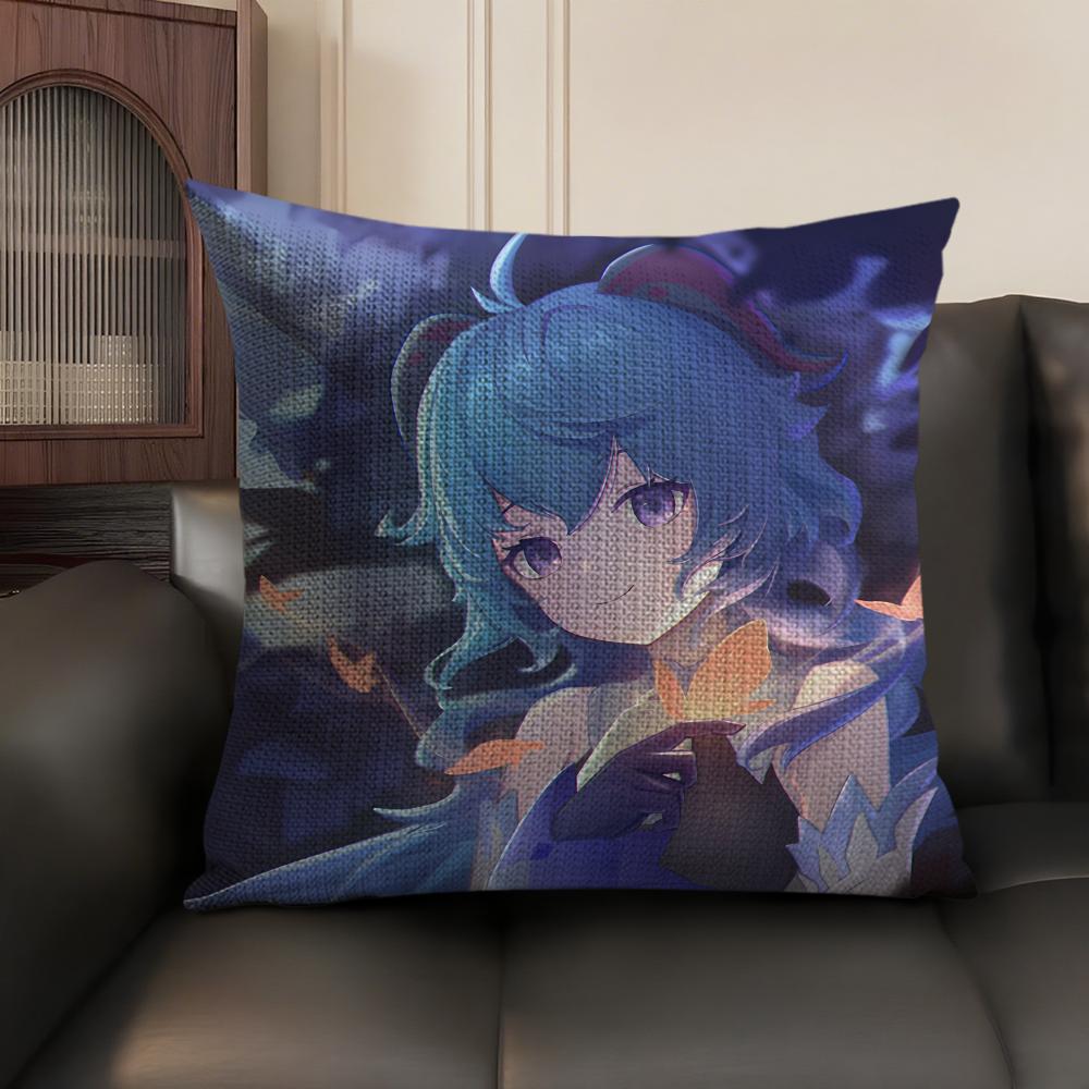 Ganyu Genshin Impact Cushion Cover Natural Linen Organic Fabric DoubleSided Printing Sofa Home Decor Gift Pillow Case