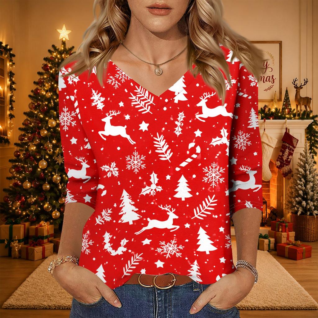 Women's Casual V-Neck Christmas Print Tunic -Quarter Sleeve Holiday Blouse