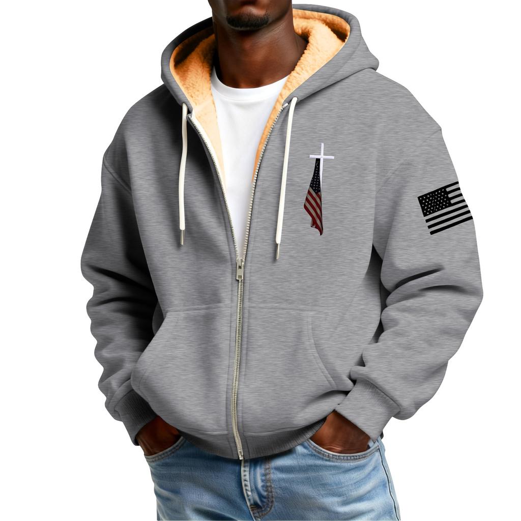 Men's Flag Print Fleece-Lined Zip-Up Pocket Hooded Sweatshirt Cardigan Men's Casual Sweatshirt Cardigan