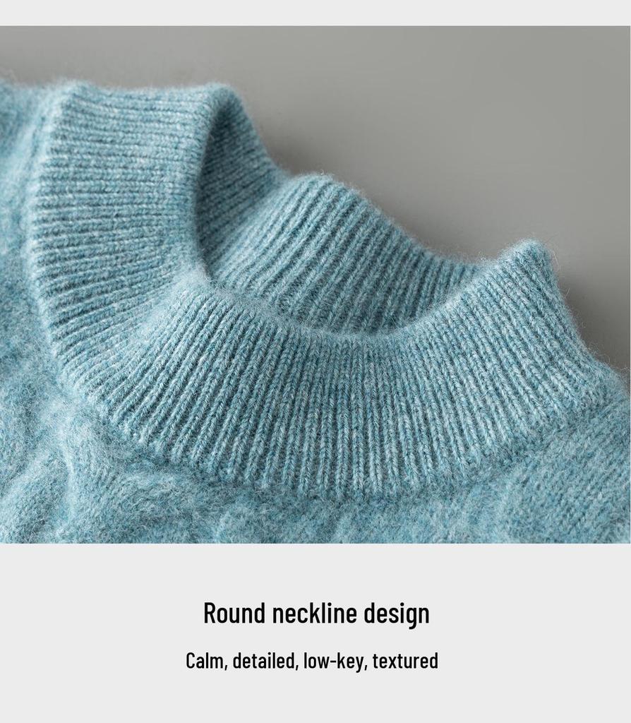Men's 100% Pure Wool Round Neck Sweater – Autumn/Winter Thick Knit, Casual Loose Fit, Inner Cashmere Base Layer.