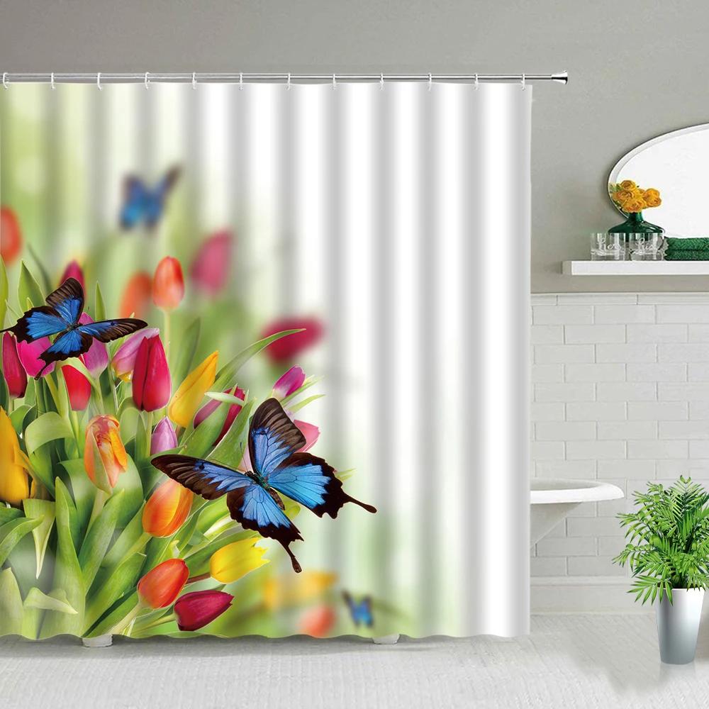 Pink Flower Plant Scenery Shower Curtains Rose Tulip Butterfly Spring Landscape 3d Printing Bathroom Waterproof Bath Curtain Set