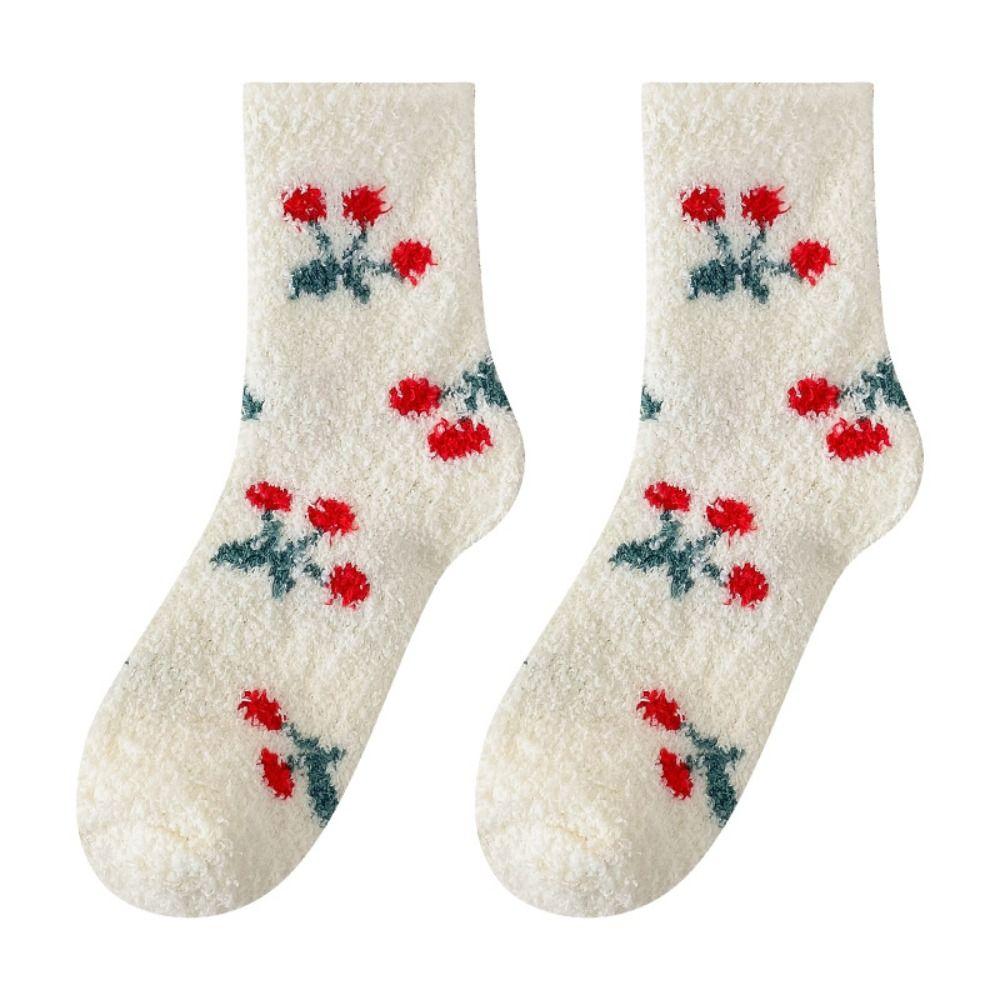 Thickened Floor Plush Socks Flower Strawberry Warm Socks Women Sweet Coral Fleece Socks  For Girls