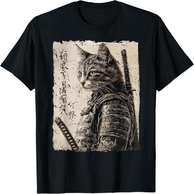 Samurai-Katzenkrieger-T-Shirt (Japanisches Ukiyo-e-Kunstwerk) – Samurai-Katze – Herren, Damen, Mädchen, Kinder