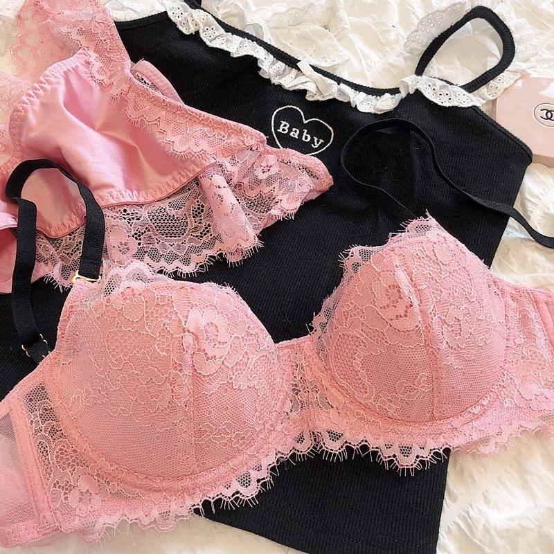 French Underwear Women's Thin Big Breasts Show Small Breasts, Lace Contrasting Color, Steel Rings Gather, Anti-sagging Bra, Rose Red Bra