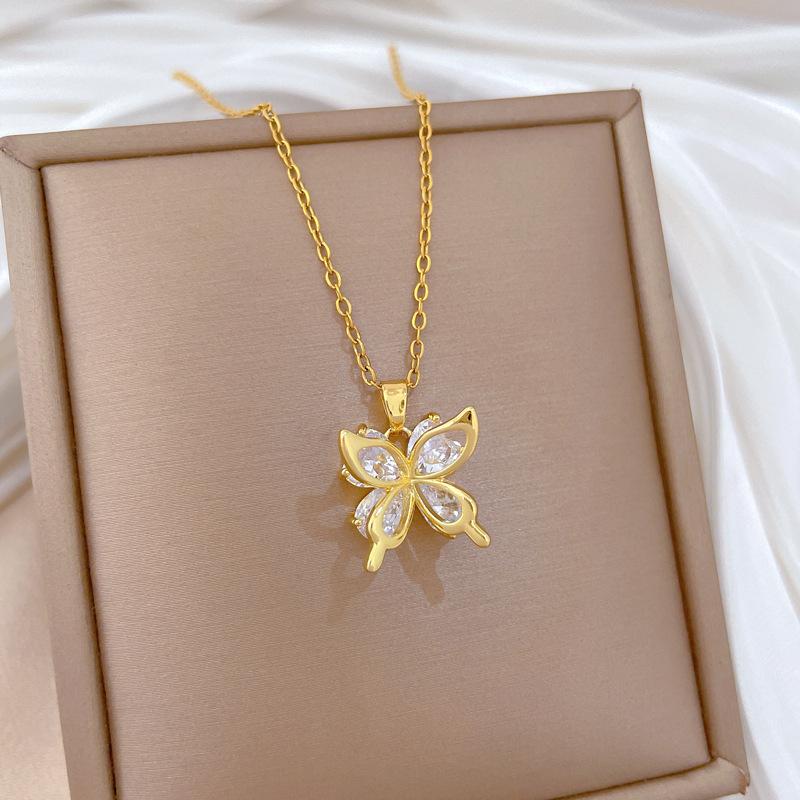 Titanium Steel, Empty Zircon Butterfly Light Luxury Temperament Gorgeous Full Diamond Necklace Female Versatile Collarbone Chain Titanium Steel Chain