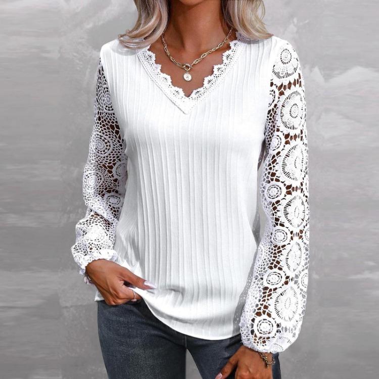 Loose Long Sleeve V Neck Lace Patchwork T Shirt Top Women Casual Tee