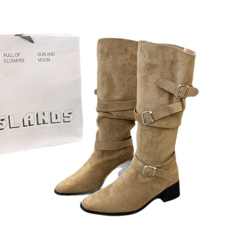 5CM Thick Heel Retro Western Cowboy Boots Women's Autumn and Winter Square Head Knight Boots Belt Buckle Boots Slim Boots