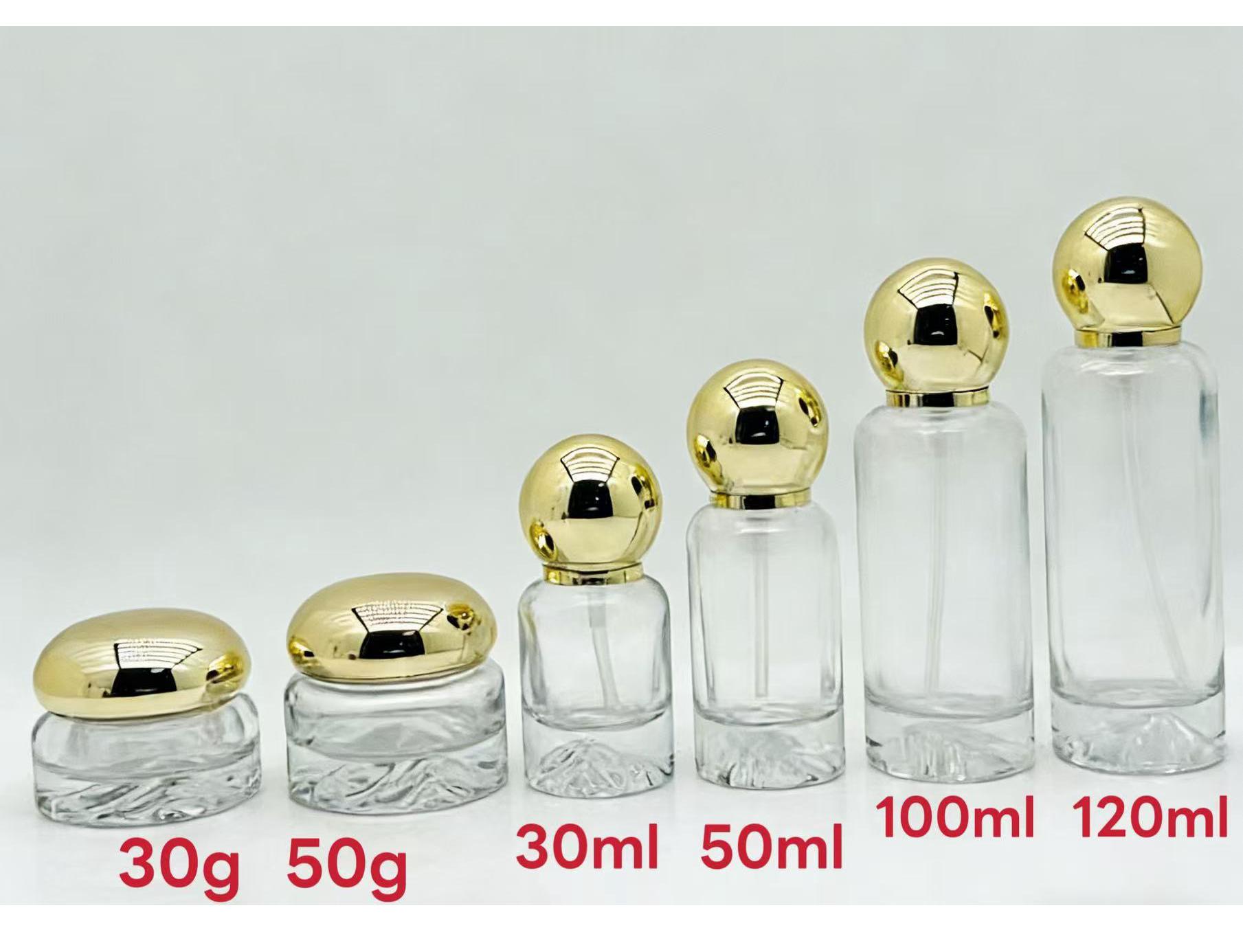 Spherical Cap Cosmetic Bottle & Cream Jar Set, 30g-120ml, Volcano Bottom Design 30g; Accessories (Cap, Pump) + Clear Bottle; Glass