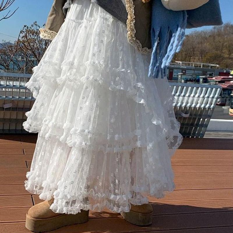 Women's Autumn/Winter Lace-Trimmed Tiered Fuzzy Midi Skirt - Loose A-Line Sweet Long Skirt with Cake-Layer Design