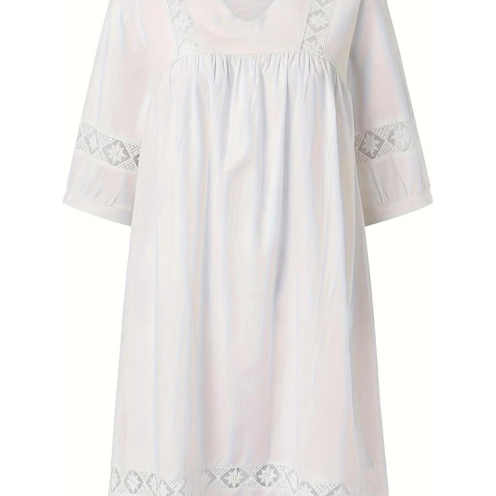 Vestido de fiesta holgado con escote en V y manga 3/4 con costuras de encaje para mujer
