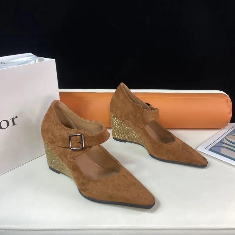 2025 New Wedges High Heels Sexy Women Shoes Autumn Designer Fashion Pointed Toe Women Shoe Suede Elegant Buckle Zapatillas Mujer