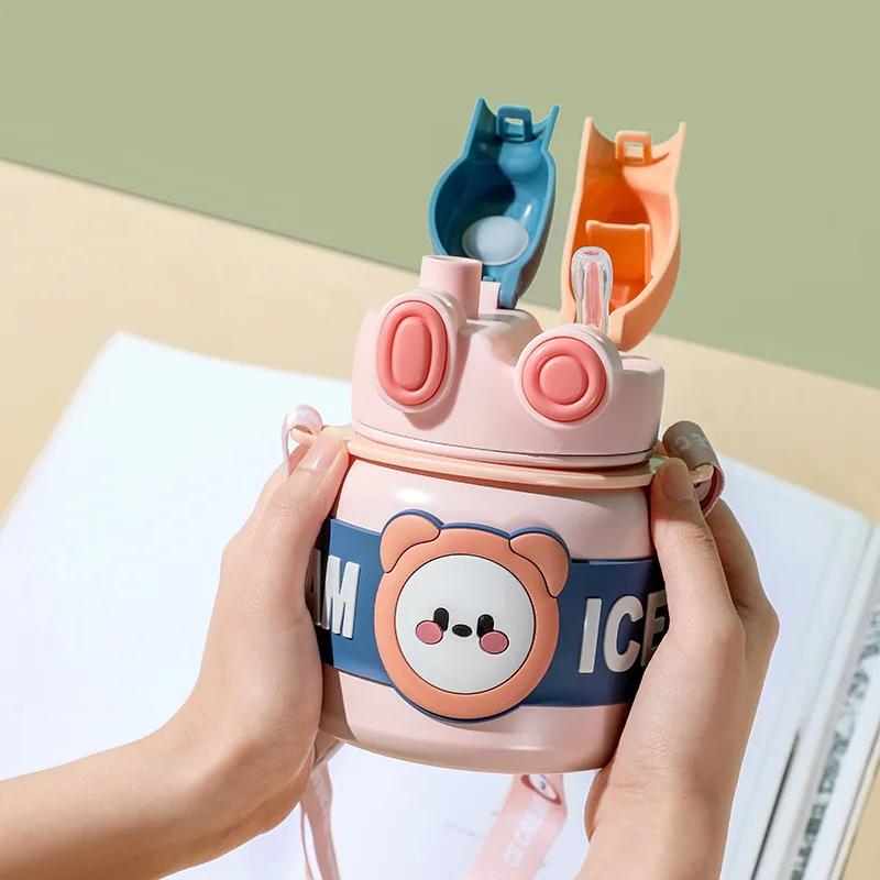 850ml Stainless Steel Children's Insulated Cup Portable Thermos Water Bottles with Strap and Straw Cute Cartoon Big Belly Cups