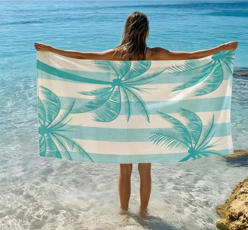 Turquoise Palm Tree Striped Beach Towel, Microfiber Sand Free Quick Dry Tropical Summer Print Soft Absorbent for Vacation & Pool