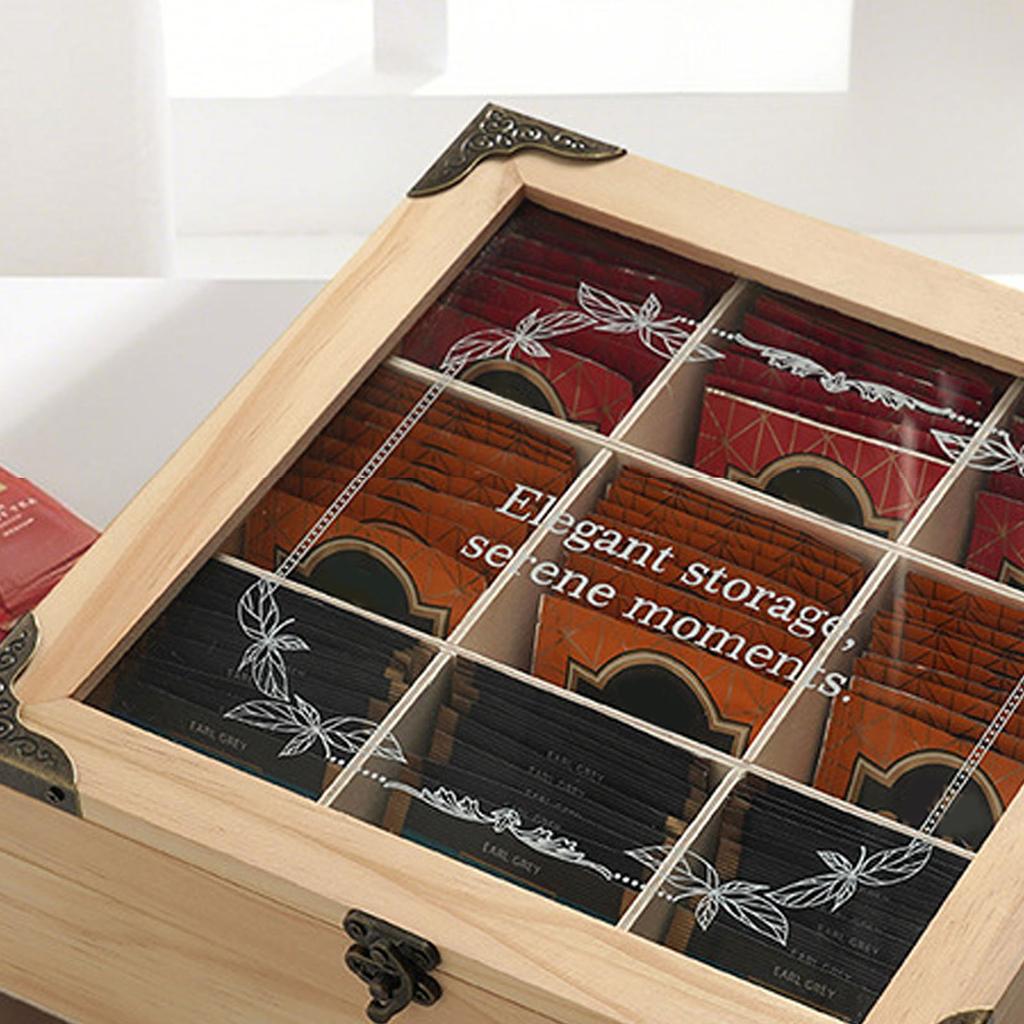 Wooden Tea Bag Organizer Box 9 Compartments Storage Teabag Holder Container with Transparent Lid for Countertop Tea