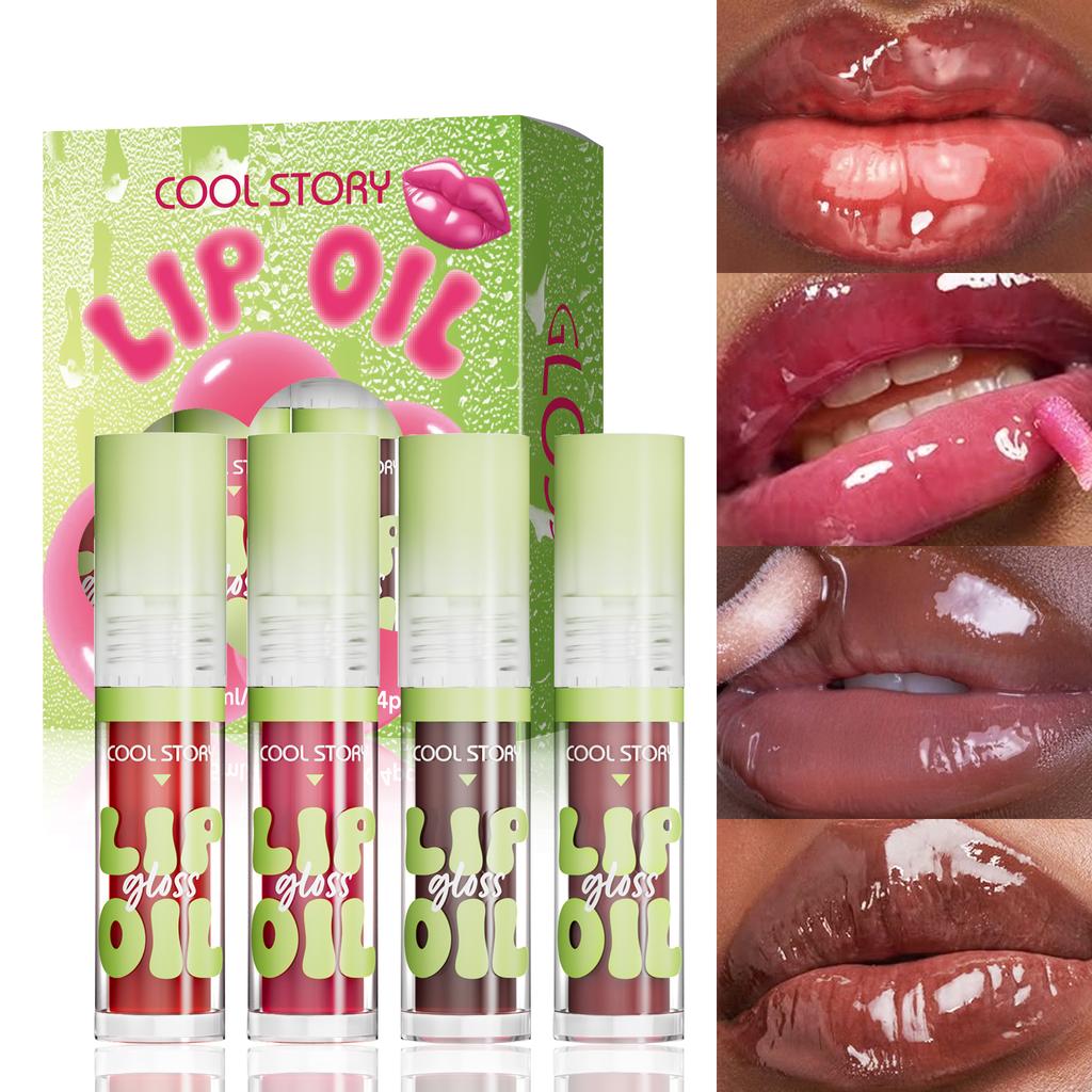 4-piece Set of Lip Glossy Lip Oil, Moisturizing and Brightening Lipstick, Autumn and Winter Tone Lipstick