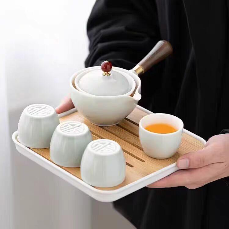 Rotating Ceramic Kung Fu Tea Set with Side Handle Filter Pot