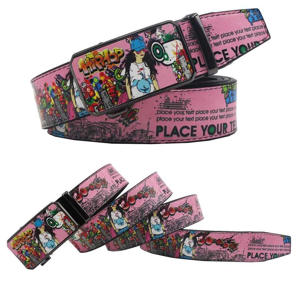 New Casual Automatic Buckle Printed Graffiti Casual Versatile Personalized Belt Belt European and American Versatile