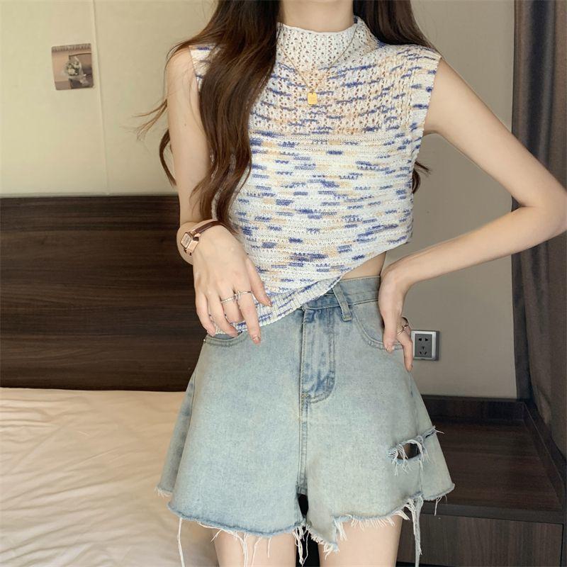 Summer French Chic Spicy Girl Rainbow Striped Knitted Small Tank Top Sleeveless Short Top for Women