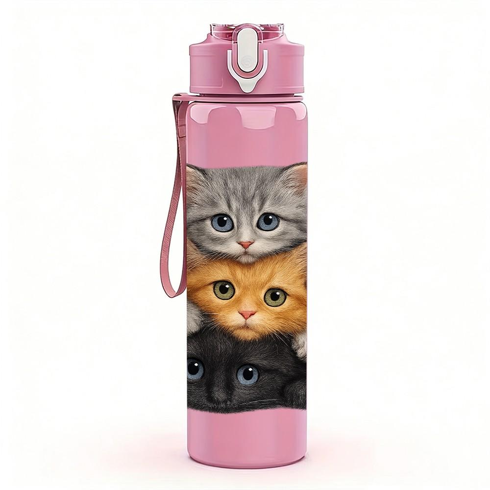 1PC Two Stacked Fluffy Cats 750ml Color Plastic Sports Water Bottle Leakproof Flip Straw Lid For Sports Office Home Use
