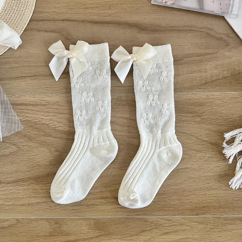 Letní nový styl dětské ponožky dětské kartáčované hedvábné síťované podkolenky bílá mašlička princeznovský styl taneční ponožky