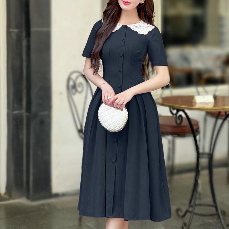 

ZANZEA Женское повседневное платье с кружевной вставкой, кукольным воротником и короткими рукавами 5XL темно-синий