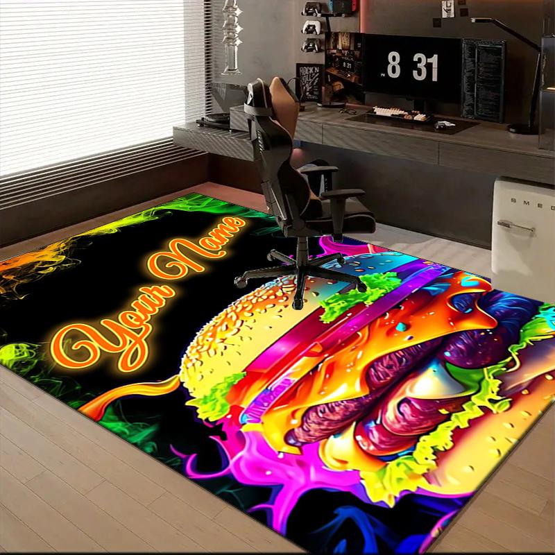 1PC Custom Name Neon Burger Delight Theme Floor Mat Ideal for Living Room, Game Rooms, Office, Bedroom, Floor Mat Playful Design
