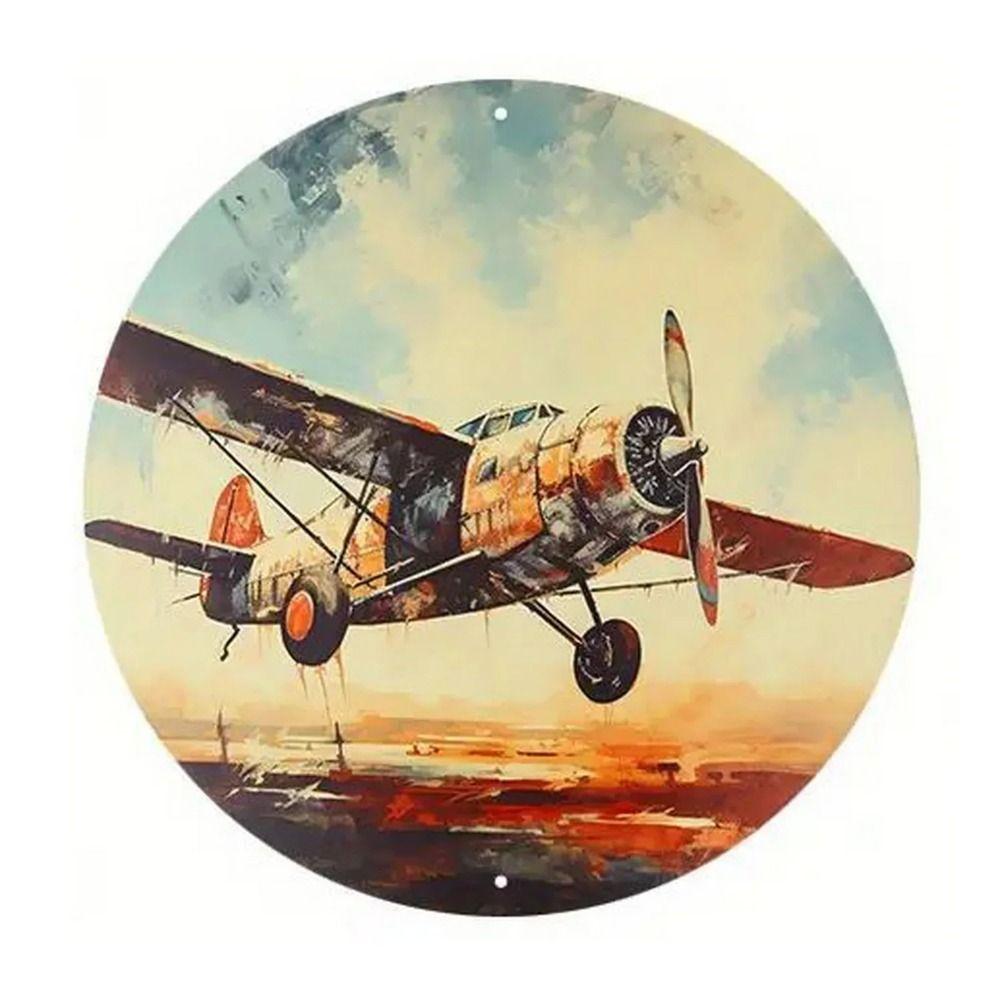 Retro Round Metal Sign Flat Fighter Plane 20x20cm