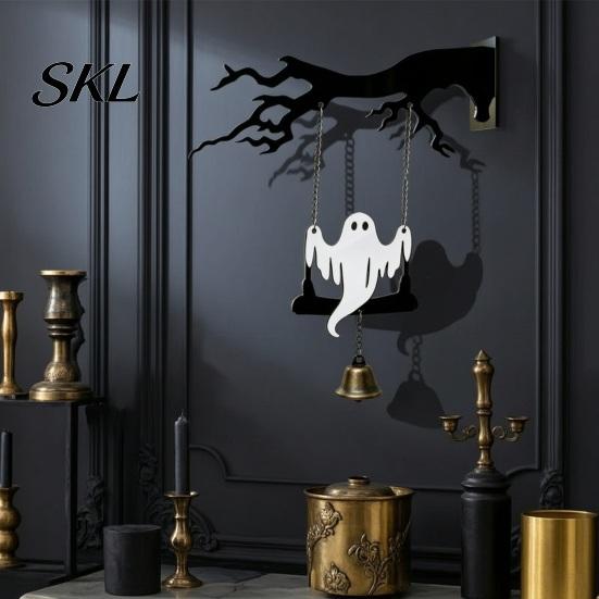 Halloween Door Decoration Ghost Swing Bat WELCOME Wind Chime, Bell with Vintage Copper Front Hanging Tag Bells, Rustic Wooden Ornament for Haunted
