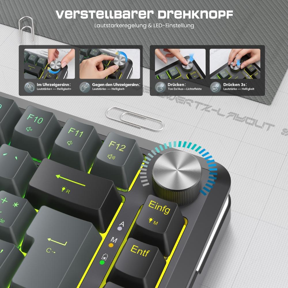 Redragon K681GB-PRO-DE Tri-mode Mechanical Keyboard, RGB Dragon Roar Switches, Hot-swappable, 4000mAh Battery, with Knob and Black/Gray Keycaps