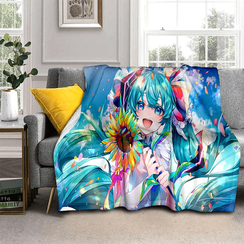 3D M-MIKUS Music VOCALOID Cartoon Girl Soft Plush Blanket,Flannel Throw Blanket for Living Room Bedroom Bed Sofa Cover Gift