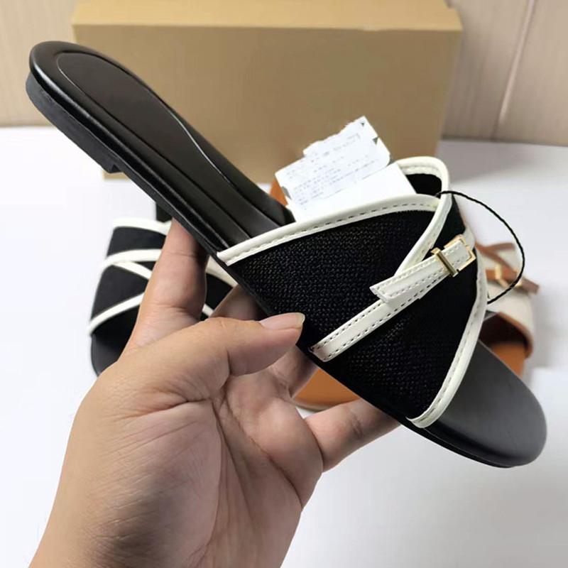 Fashion Fashion Canvas Belt Buckle Designer Slippers Women Comfortable Lightweight Slide Sandals Summer Elegant Peep Toe Flat Sandals