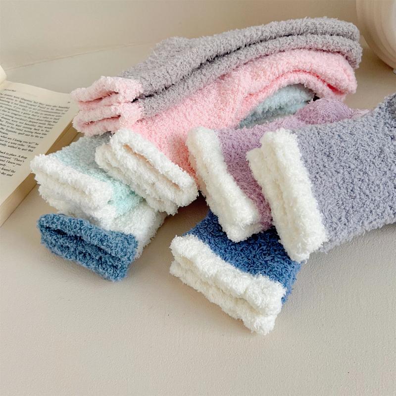 6 Pairs  Women's Non-Slip Thermal Fleece Socks Winter Thick Floor Socks Solid Color Mix Soft Polyester One Size Color As Same As The Picture
