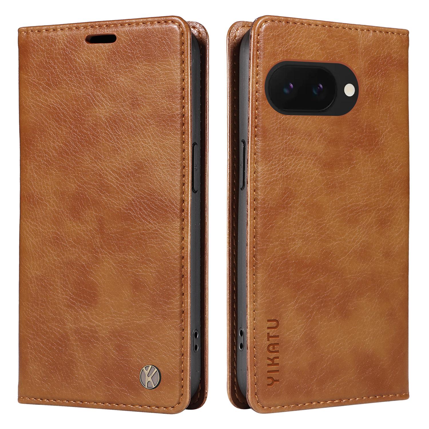 

For Google Pixel 9a Case Magnetic Closure Leather Phone Cover Litchi Texture Brown