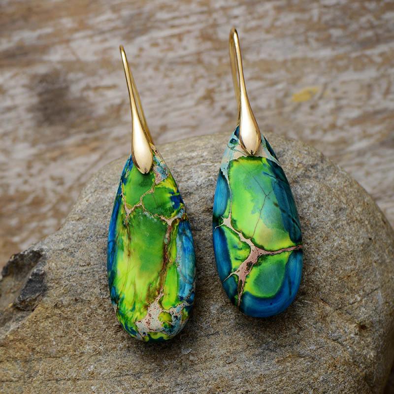 Bohemian Emperor Stone Water Drop Pendant Earrings Natural Stone Jewelry